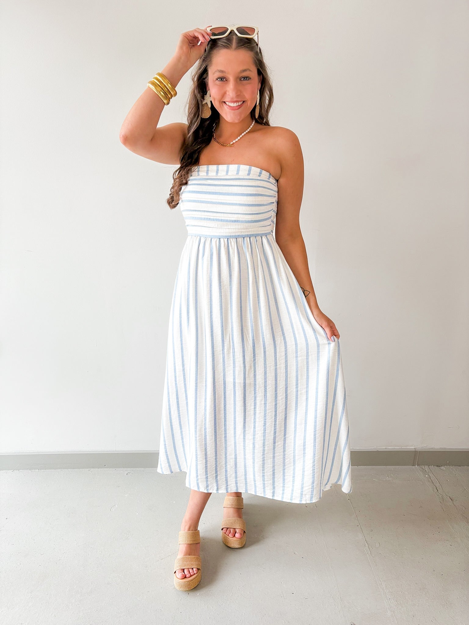 Striped Pleated Linen Midi Dress