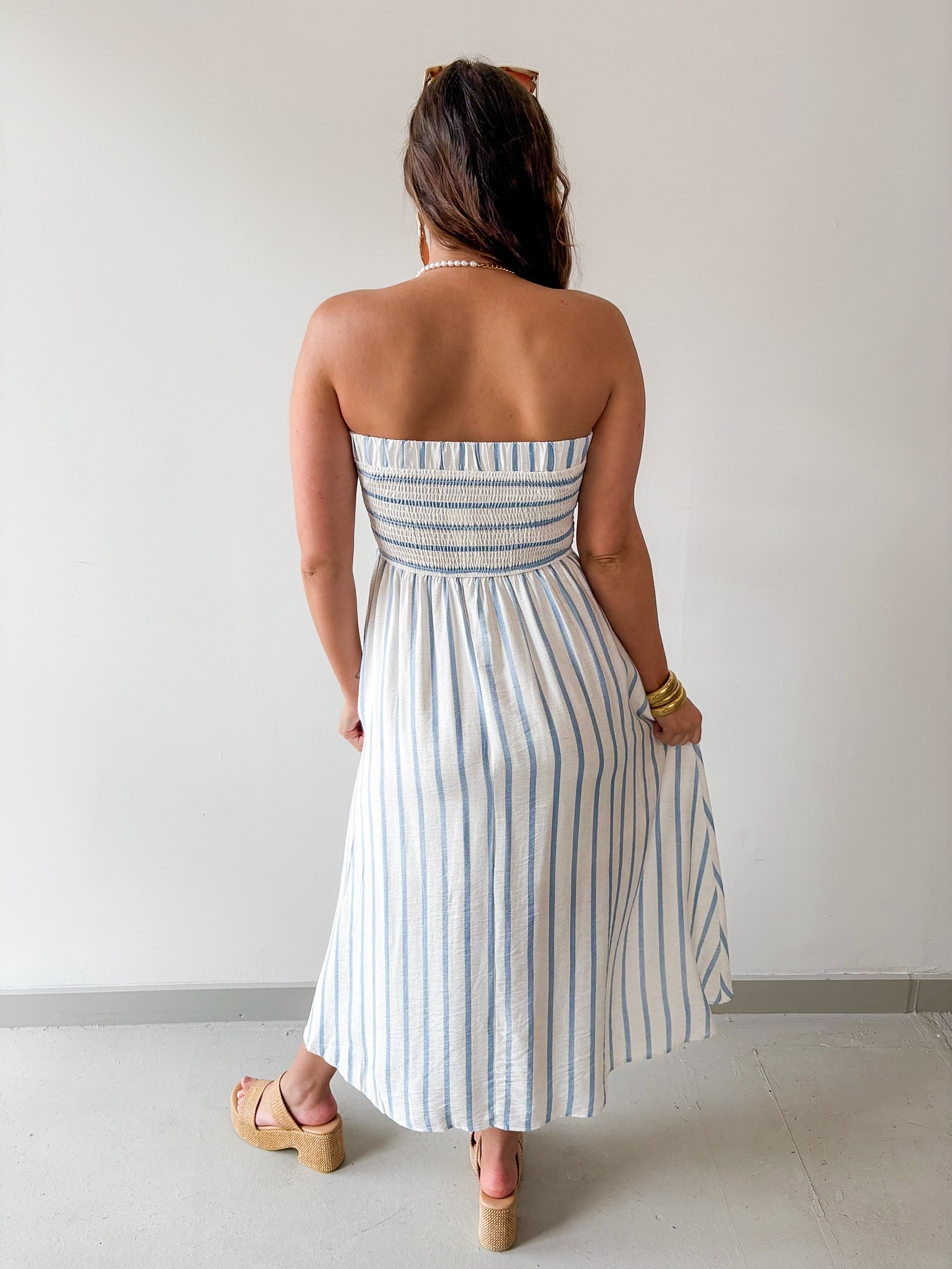 Striped Pleated Linen Midi Dress