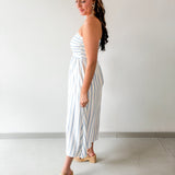 Striped Pleated Linen Midi Dress