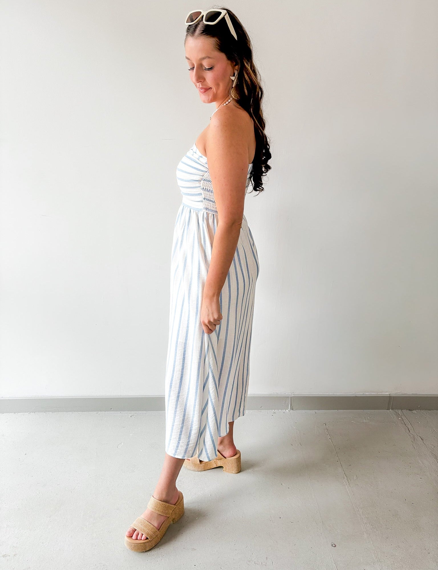 Striped Pleated Linen Midi Dress