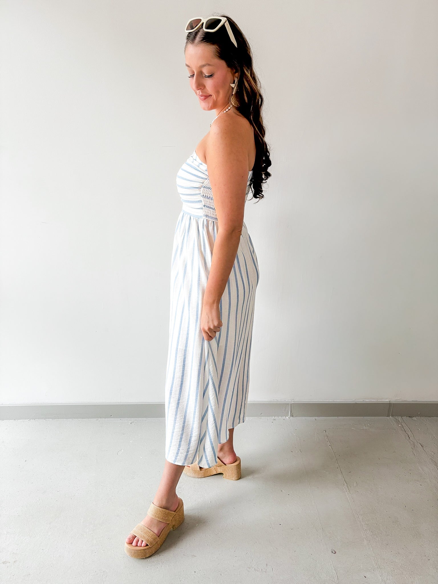 Striped Pleated Linen Midi Dress