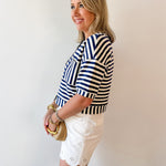 Striped Print Button Knit Top - Navy