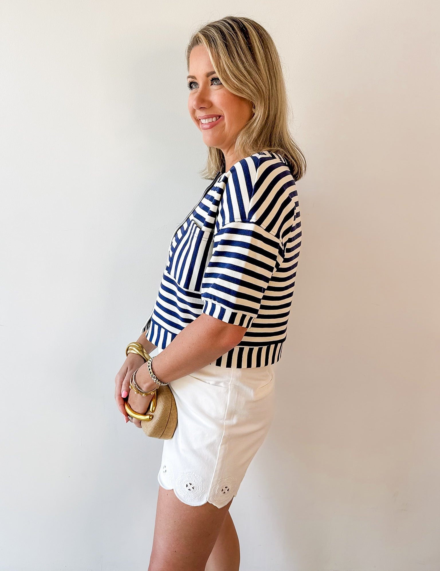 Striped Print Button Knit Top - Navy