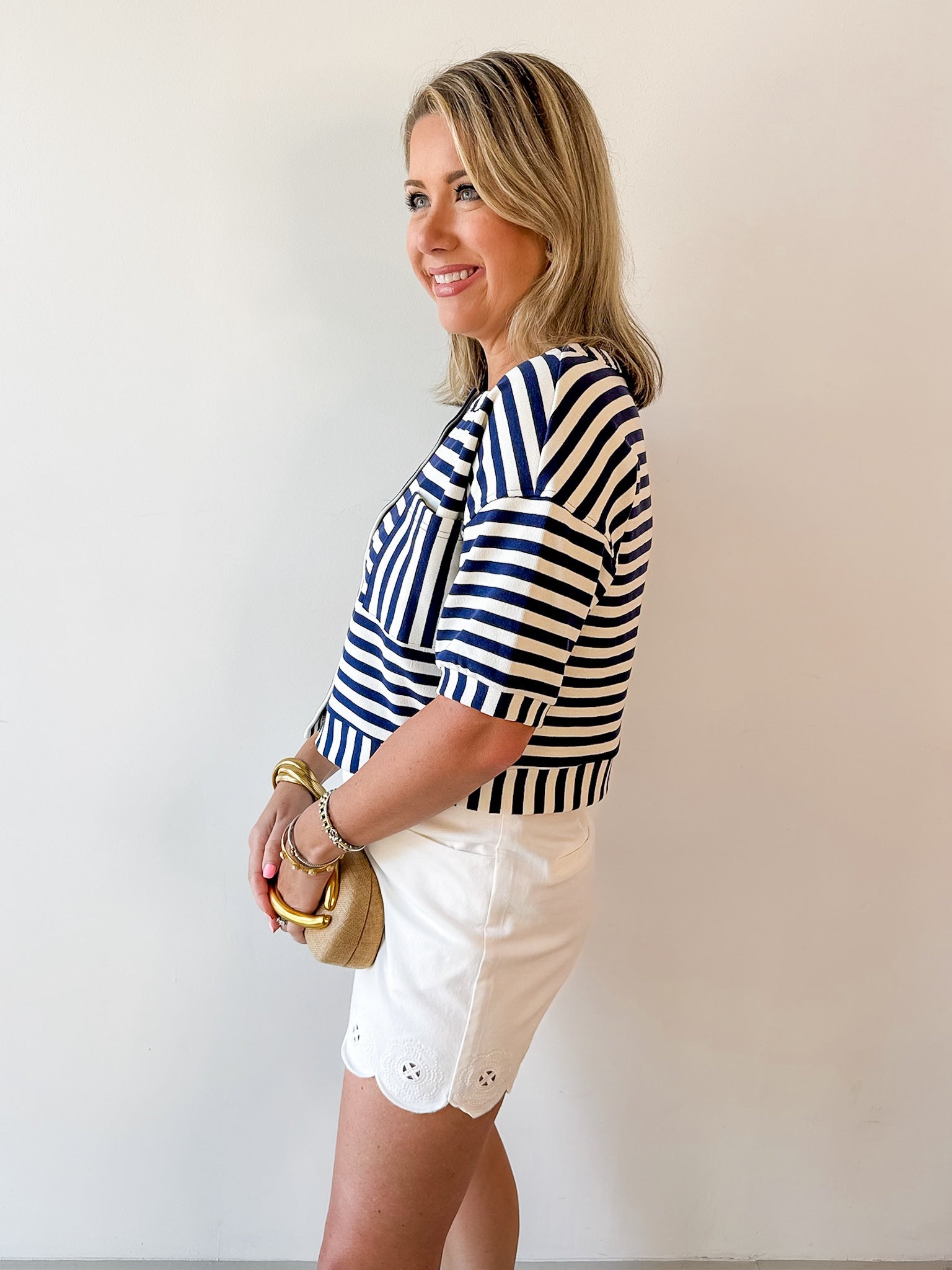 Striped Print Button Knit Top - Navy