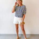 Striped Print Button Knit Top - Navy