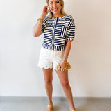Striped Print Button Knit Top - Navy