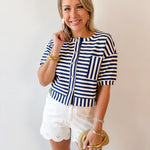 Striped Print Button Knit Top - Navy