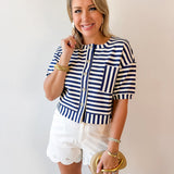 Striped Print Button Knit Top - Navy