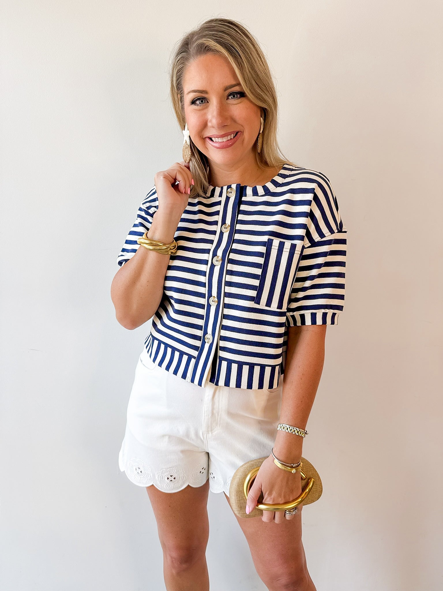Striped Print Button Knit Top - Navy