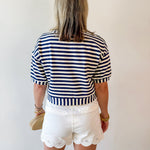 Striped Print Button Knit Top - Navy