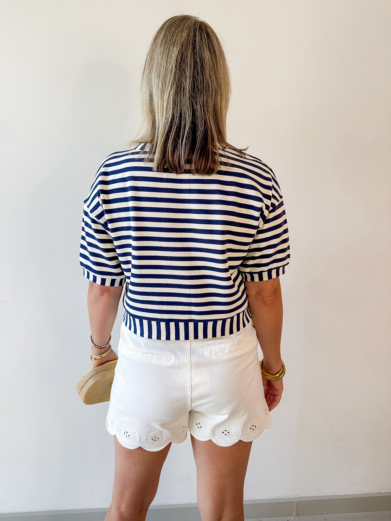 Striped Print Button Knit Top - Navy