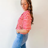 Striped Print Button Knit Top - Red