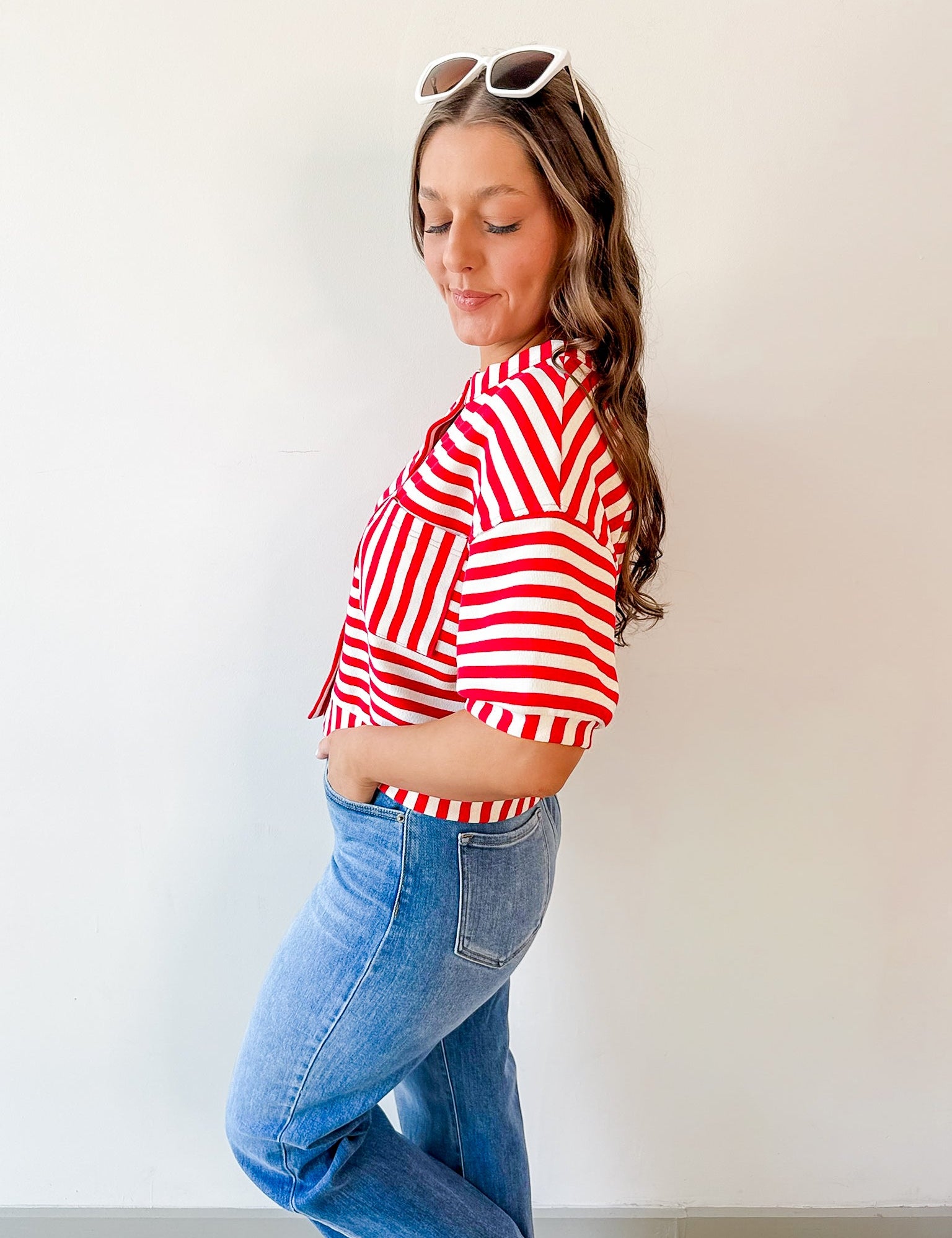 Striped Print Button Knit Top - Red