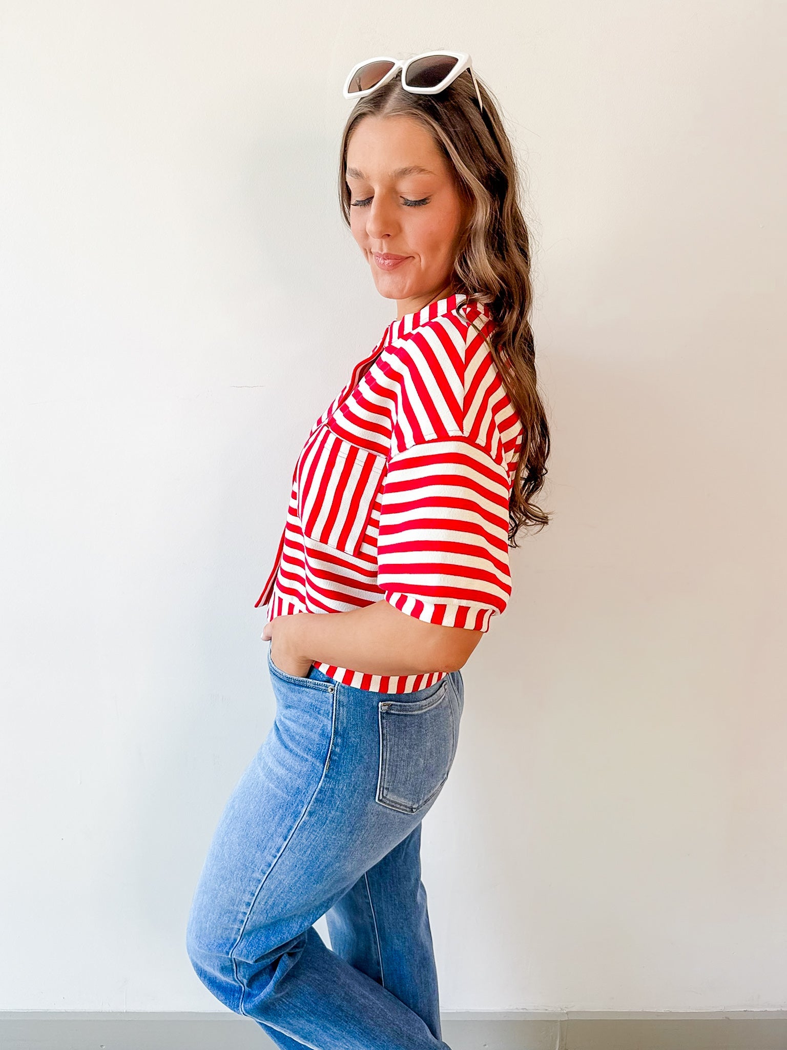 Striped Print Button Knit Top - Red