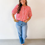 Striped Print Button Knit Top - Red