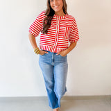 Striped Print Button Knit Top - Red
