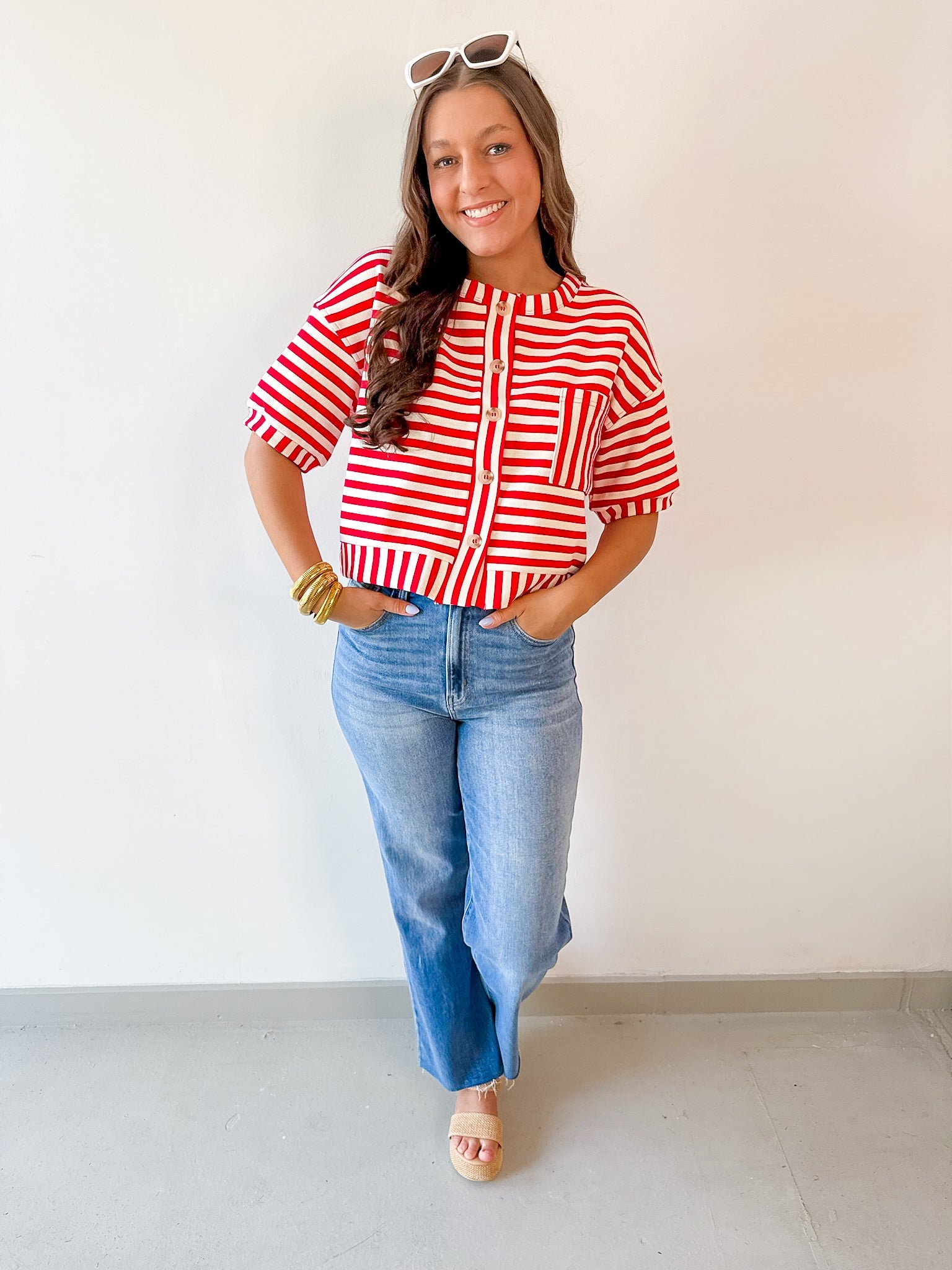Striped Print Button Knit Top - Red