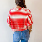 Striped Print Button Knit Top - Red