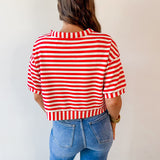 Striped Print Button Knit Top - Red