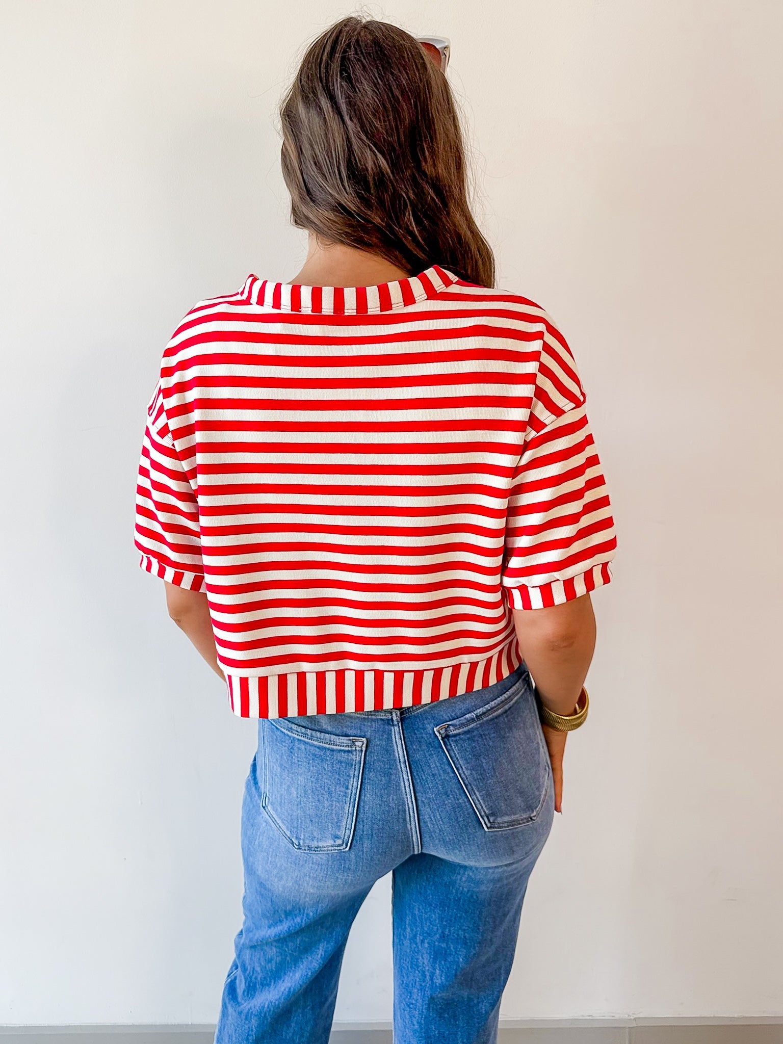 Striped Print Button Knit Top - Red