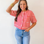 Striped Print Button Knit Top - Red
