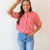 Striped Print Button Knit Top - Red