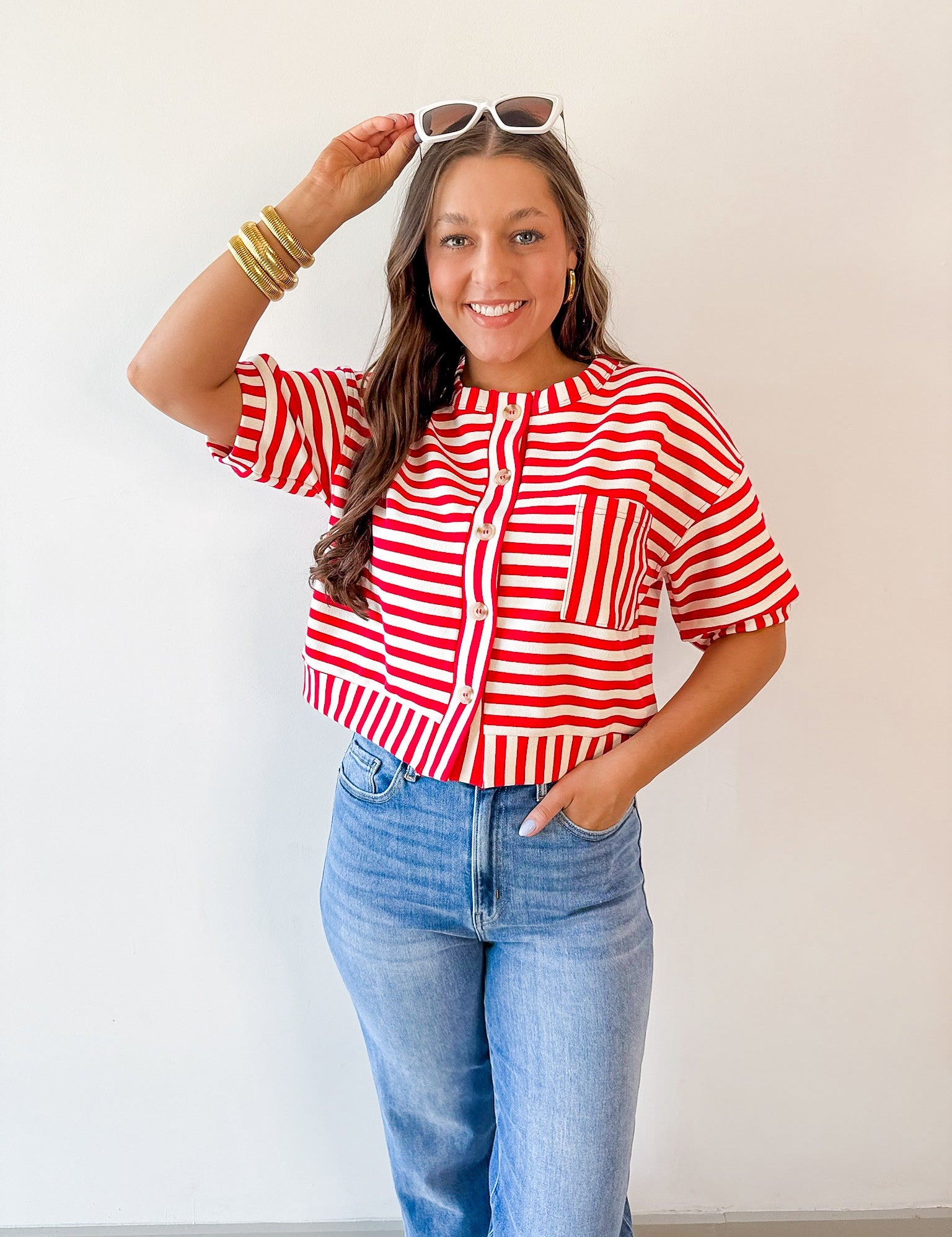 Striped Print Button Knit Top - Red