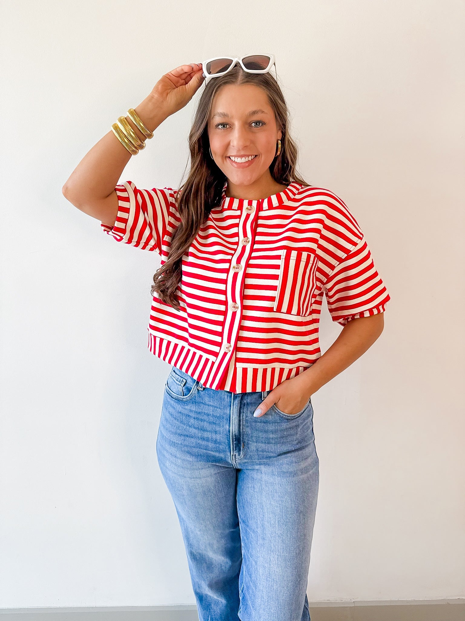 Striped Print Button Knit Top - Red