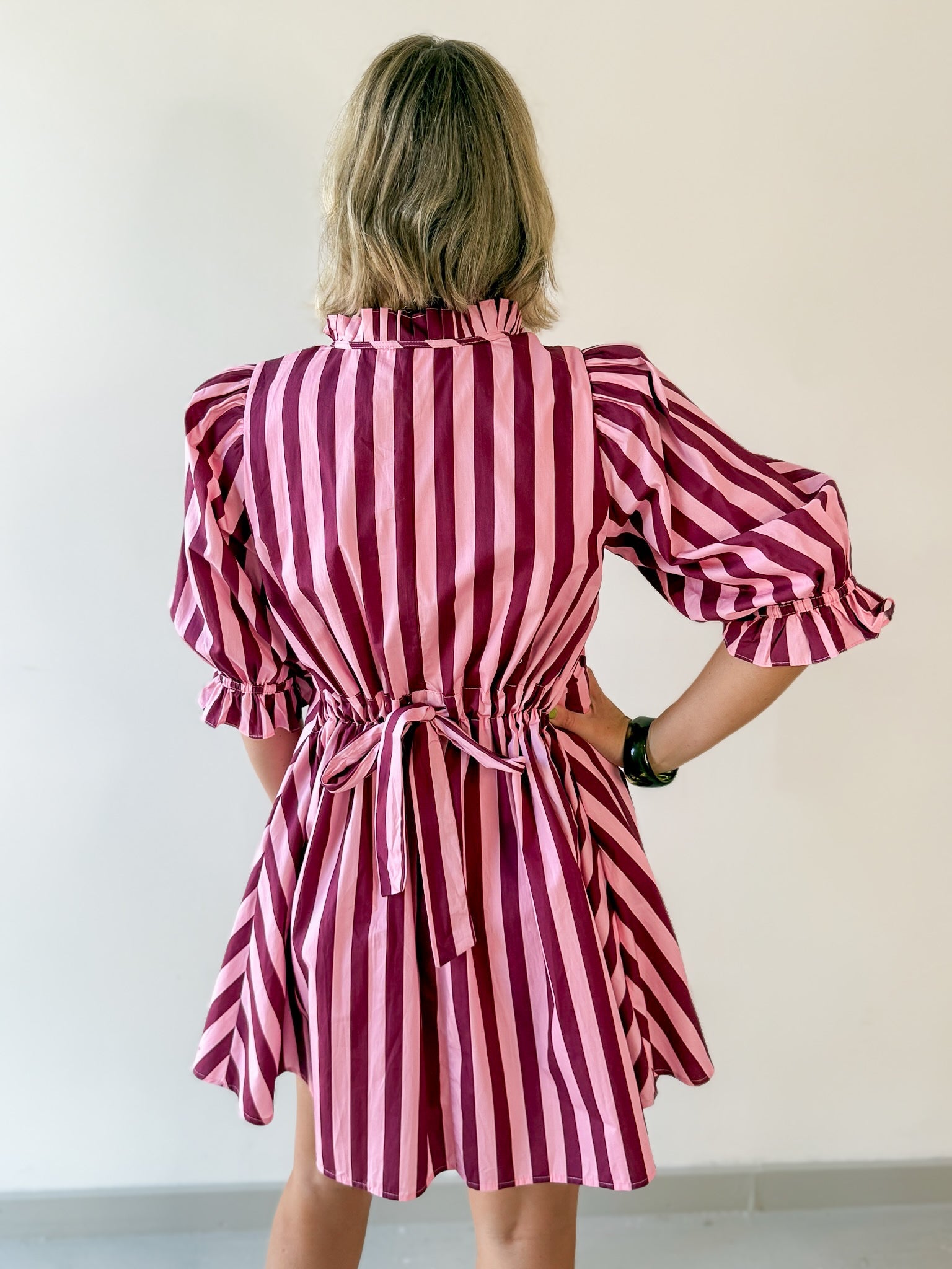 Striped Puff Mini Dress - Pink