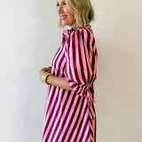 Striped Puff Mini Dress - Pink