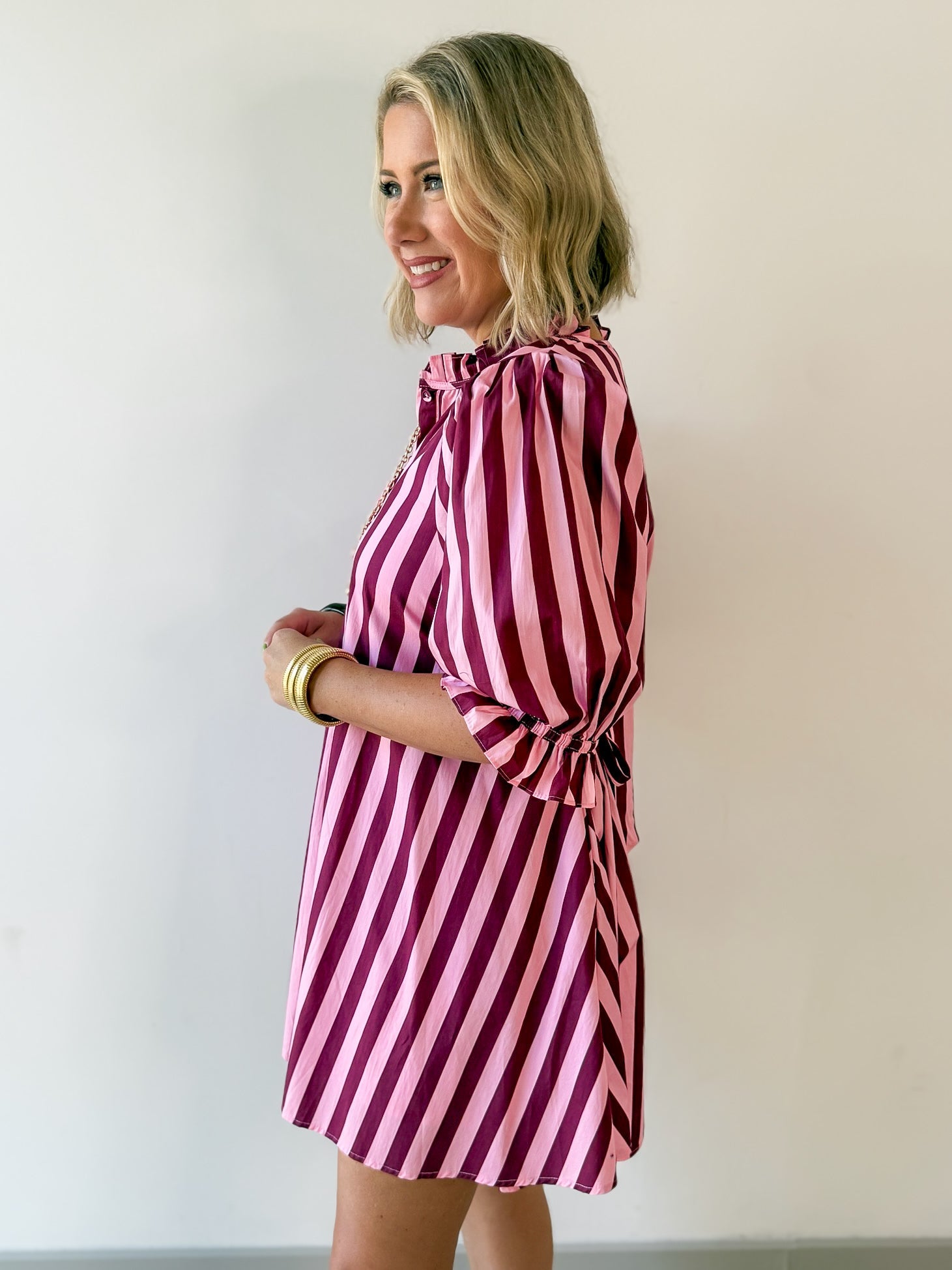 Striped Puff Mini Dress - Pink