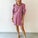 Striped Puff Mini Dress - Pink
