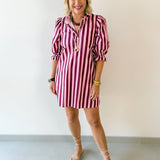 Striped Puff Mini Dress - Pink