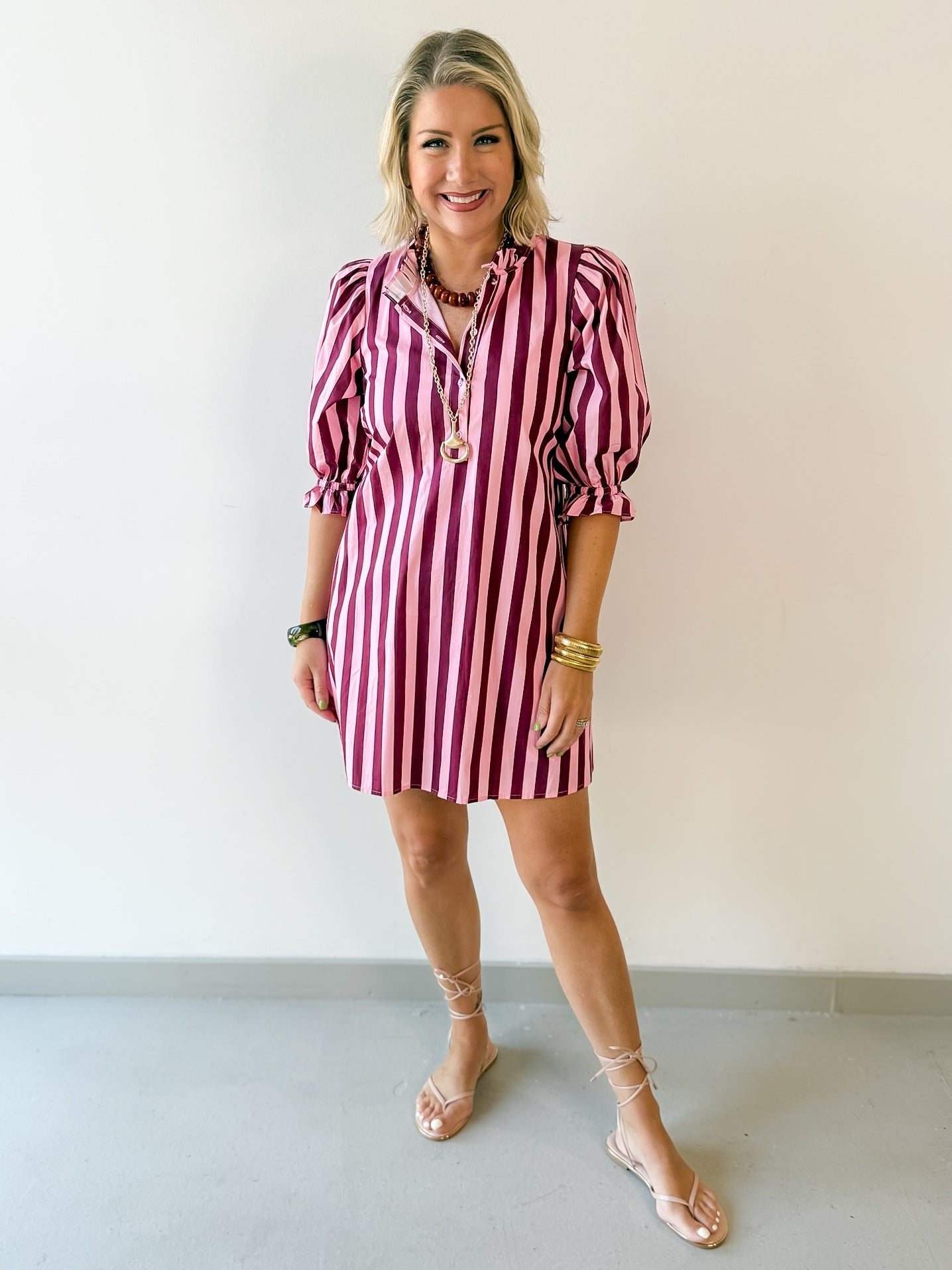 Striped Puff Mini Dress - Pink