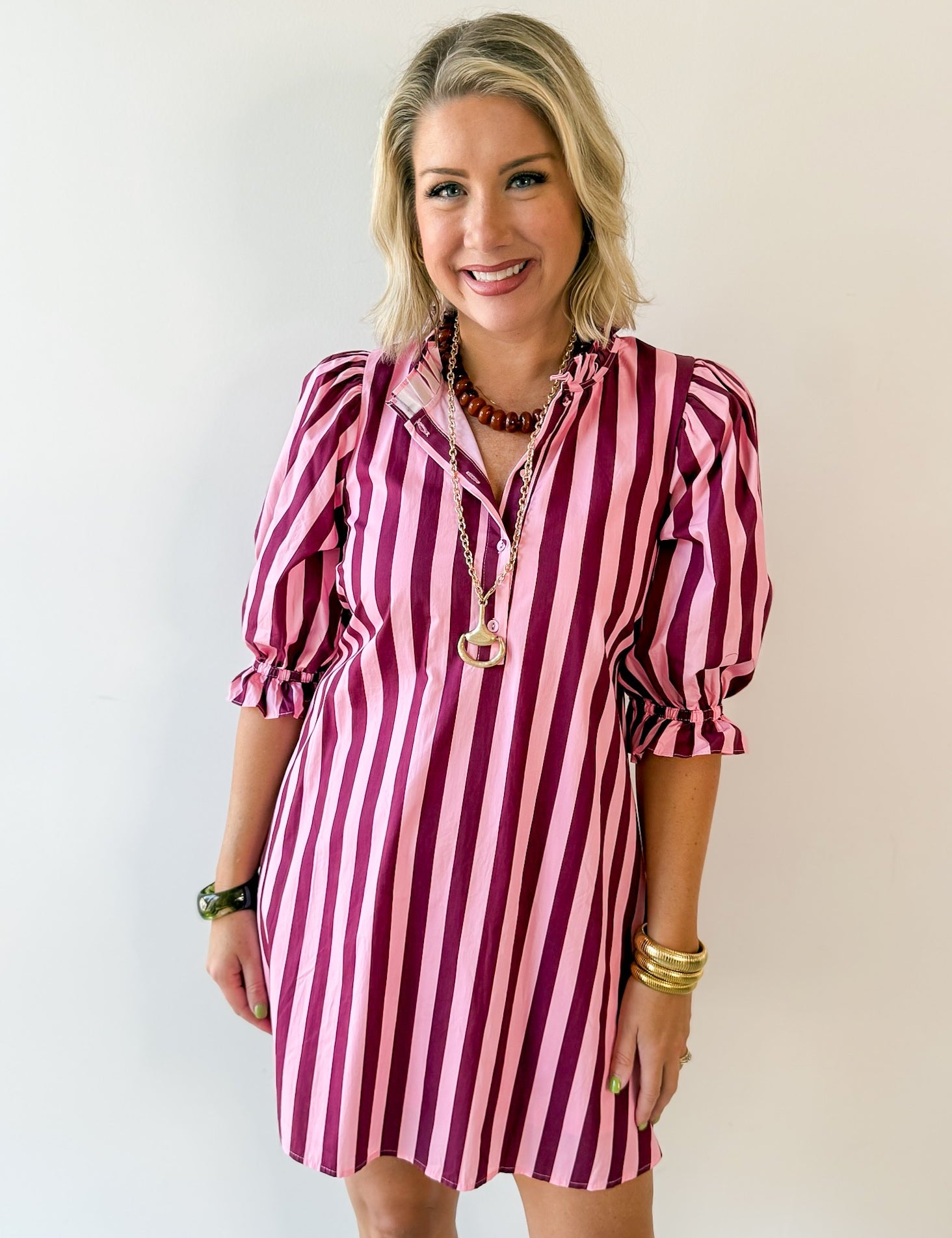 Striped Puff Mini Dress - Pink