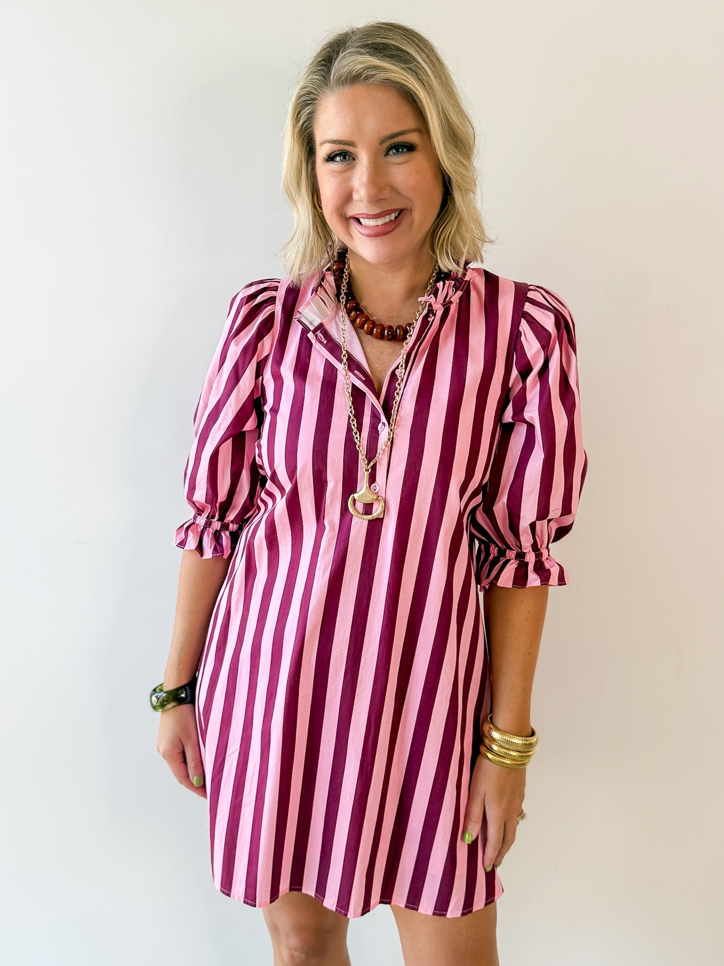 Striped Puff Mini Dress - Pink