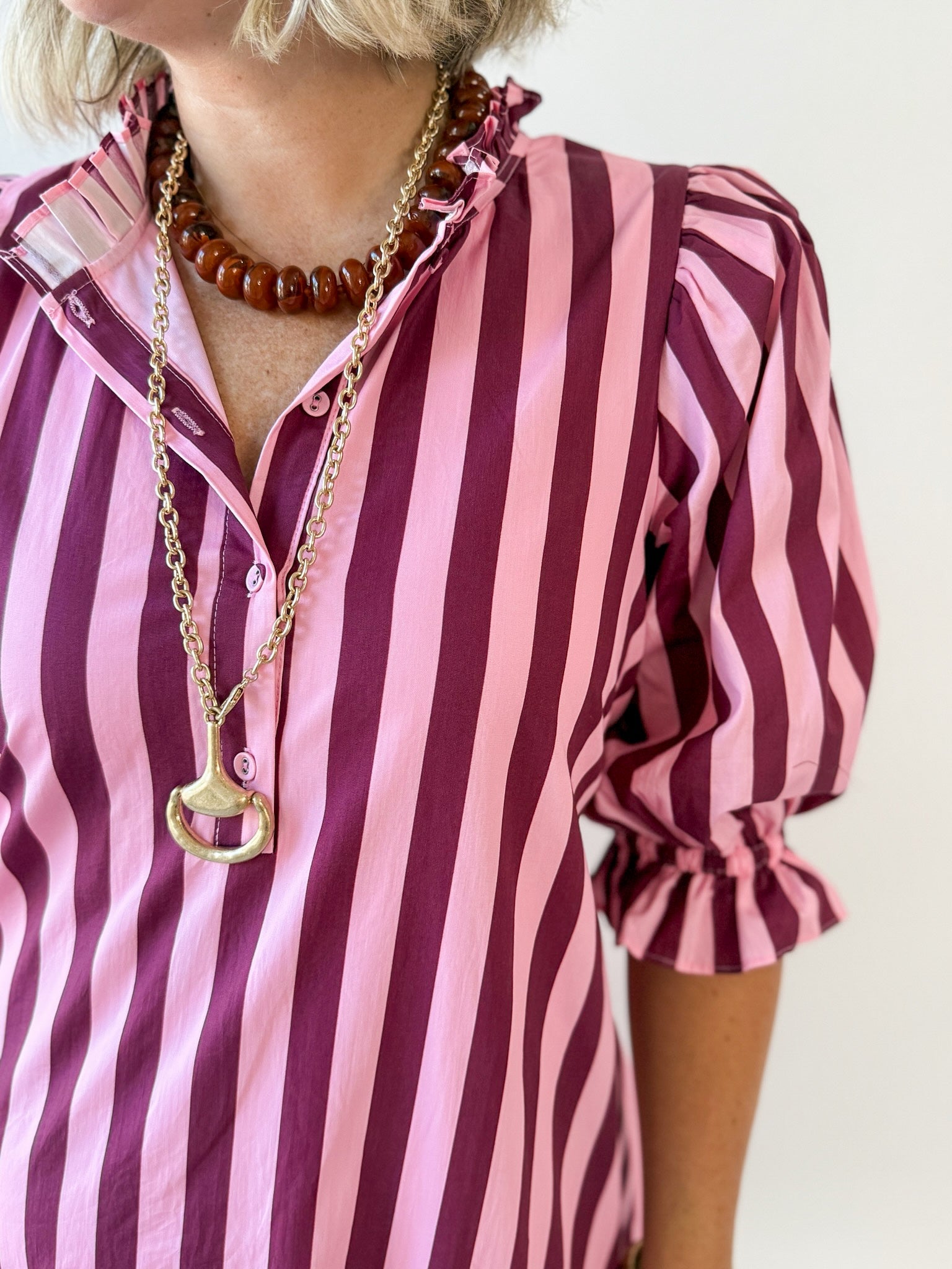 Striped Puff Mini Dress - Pink