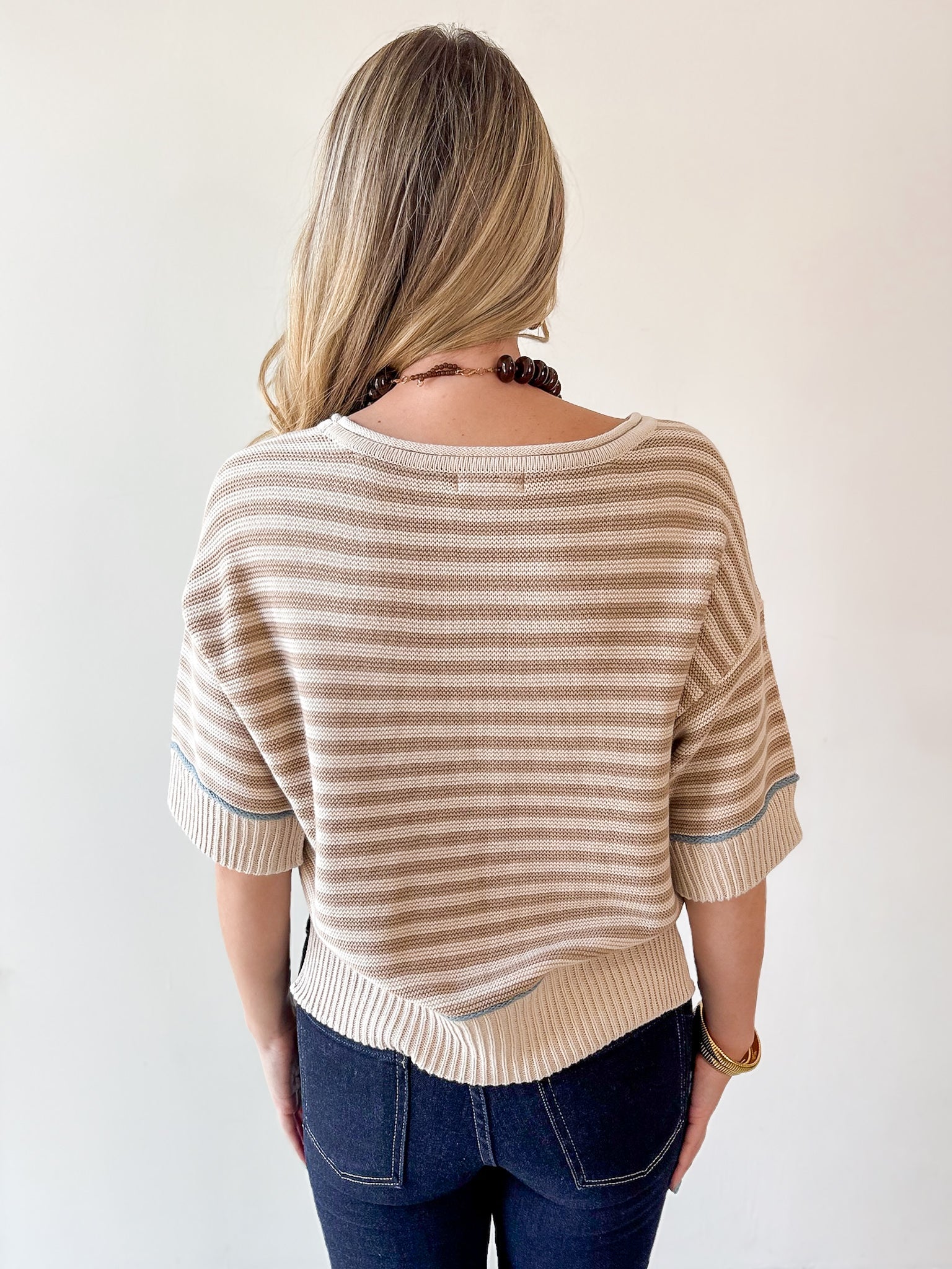 Striped Raw Edge Contrast Sweater- Khaki