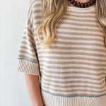 Striped Raw Edge Contrast Sweater- Khaki