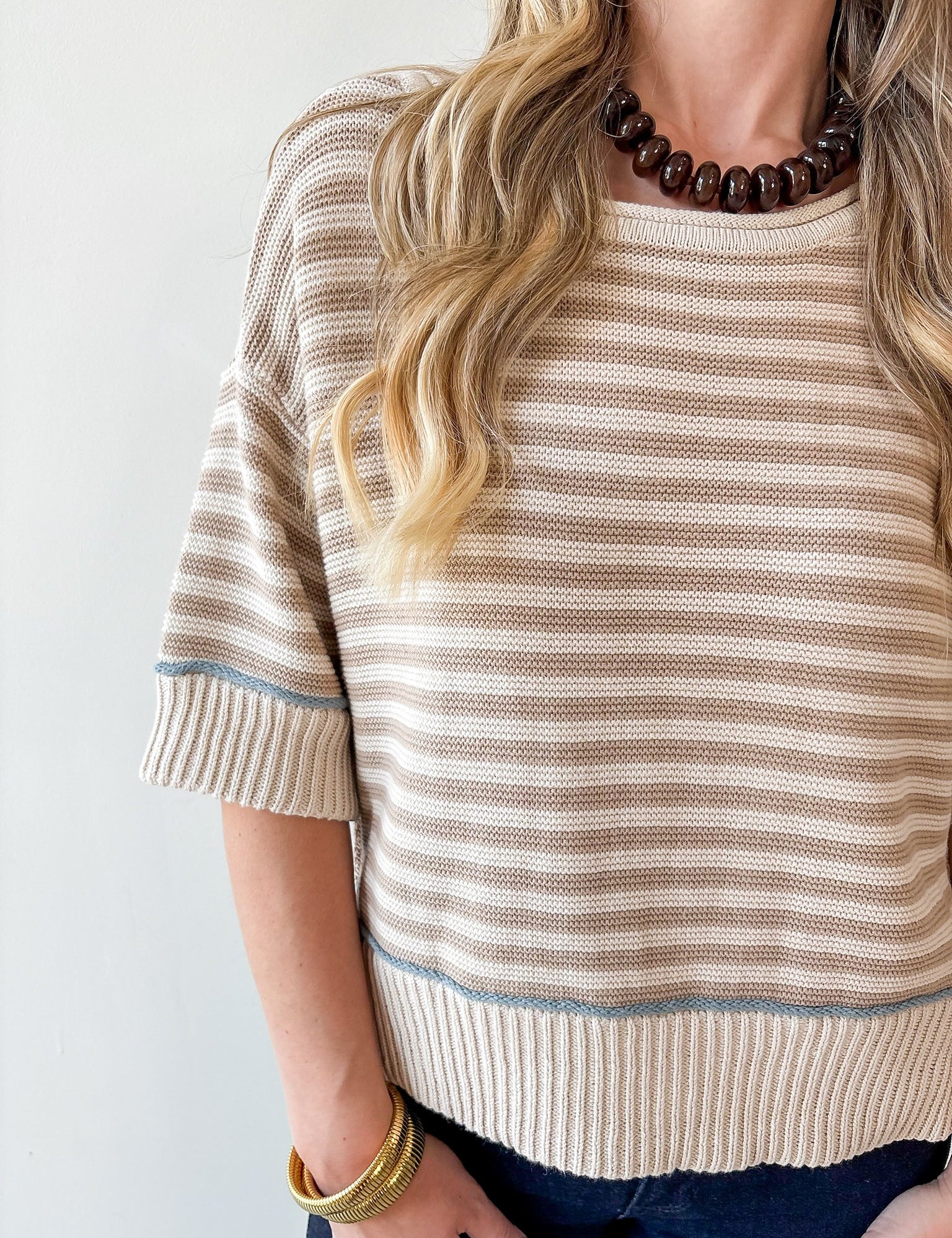 Striped Raw Edge Contrast Sweater- Khaki