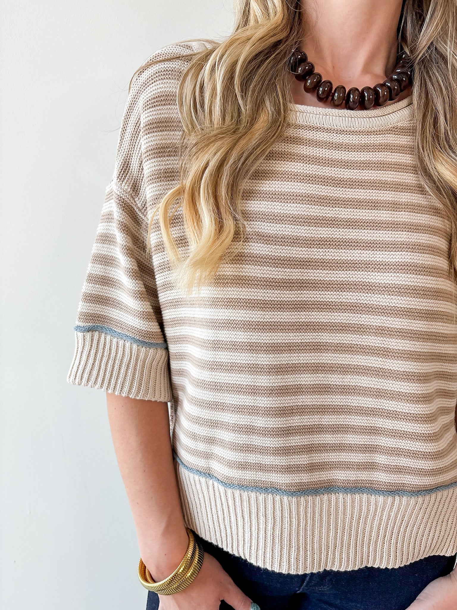 Striped Raw Edge Contrast Sweater- Khaki