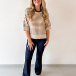 Striped Raw Edge Contrast Sweater- Khaki