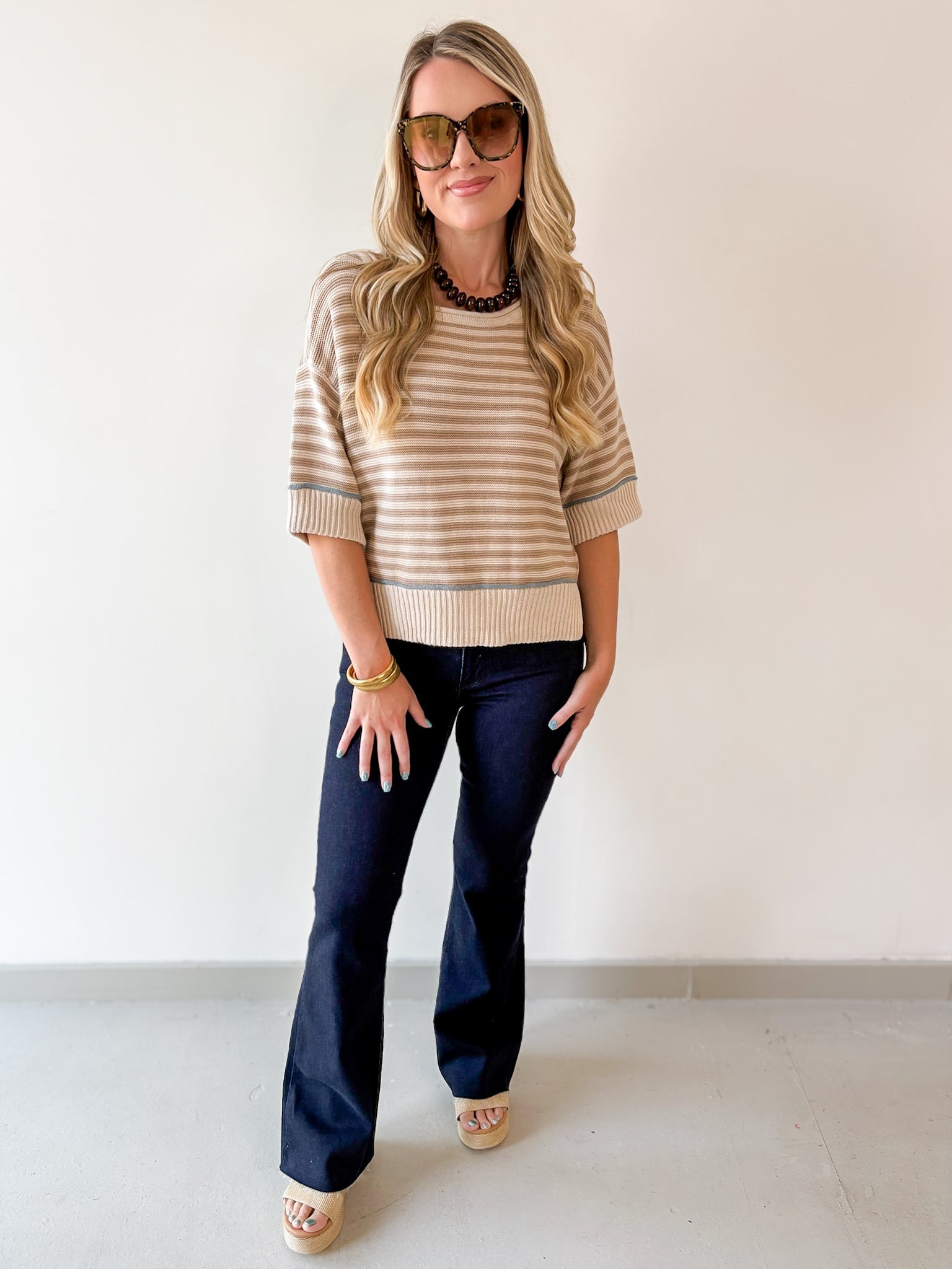 Striped Raw Edge Contrast Sweater- Khaki