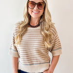 Striped Raw Edge Contrast Sweater- Khaki