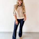 Striped Raw Edge Contrast Sweater- Khaki