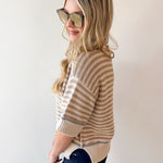 Striped Raw Edge Contrast Sweater- Khaki