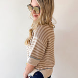 Striped Raw Edge Contrast Sweater- Khaki