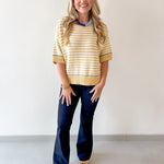 Striped Raw Edge Contrast Sweater- Yellow