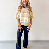 Striped Raw Edge Contrast Sweater- Yellow