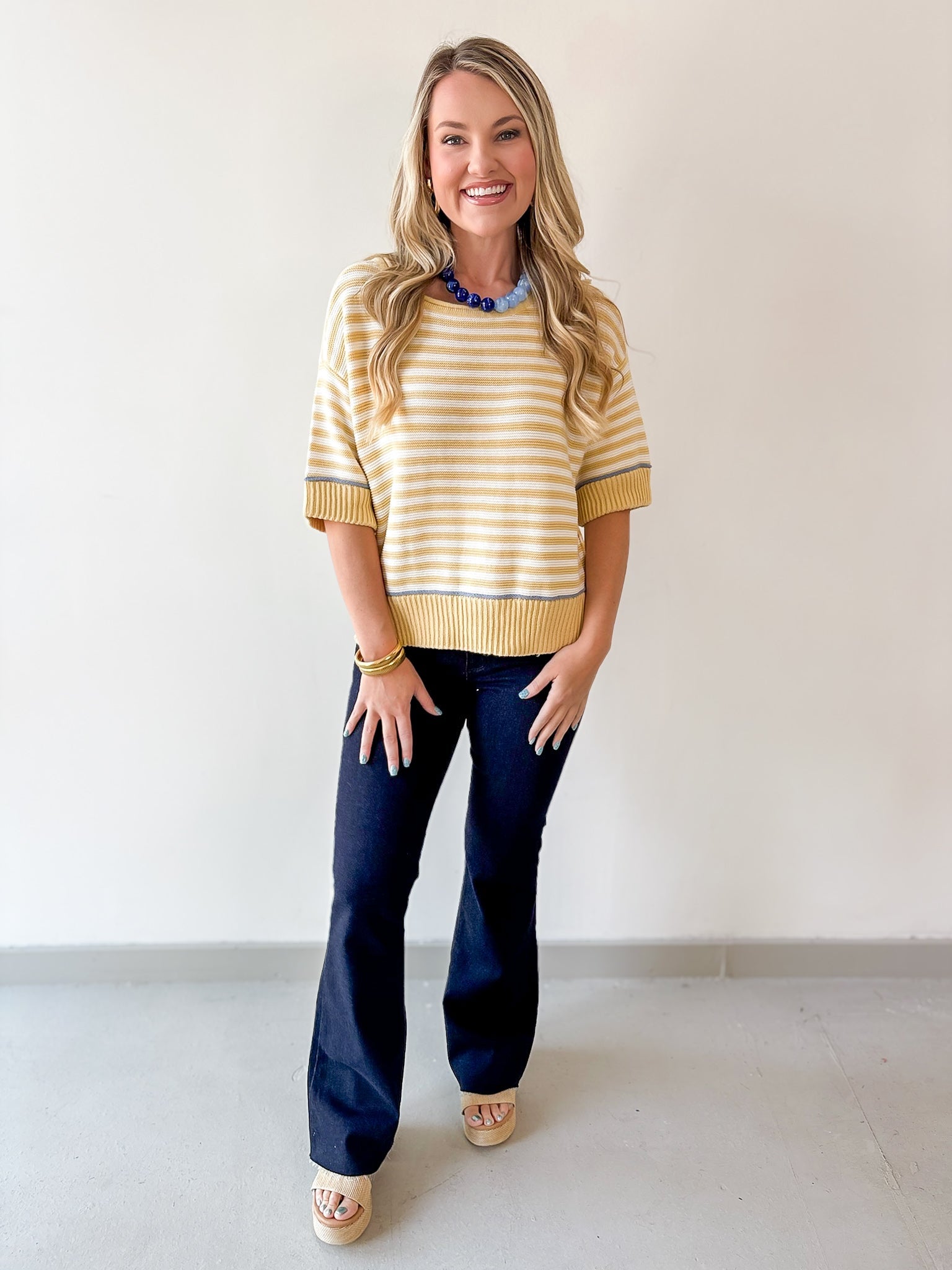 Striped Raw Edge Contrast Sweater- Yellow